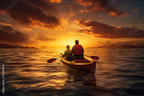 Illustration of a man and a woman kayaking in the sea at sunset, AI Generated © Iftikhar alam