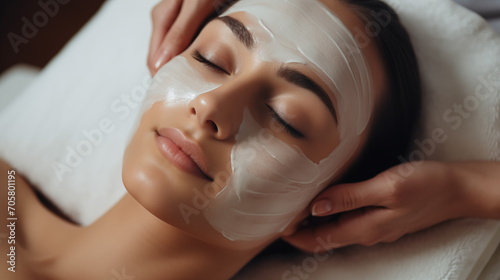 Facial skin care procedures in a beauty. Beauty treatment  scrup  applies mask  woman   Generated AI