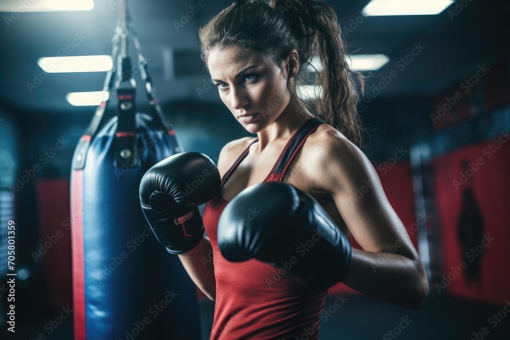 Portrait of young woman boxing with punching bag in fitness studio, Female boxer practicing boxing with punching bag, AI Generated