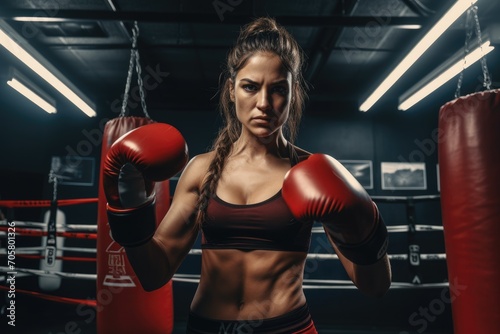 Portrait of beautiful young woman with boxing gloves at the gym, Female boxer practicing boxing with punching bag, AI Generated © Iftikhar alam