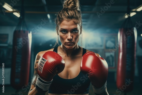 Portrait of a young boxer woman with red boxing gloves. Boxer training in the gym, Female boxer practicing boxing with punching bag, AI Generated © Iftikhar alam