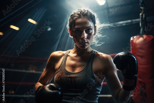 Portrait of a female boxer wearing boxing gloves during workout in the gym, Female boxer training inside a boxing ring, AI Generated © Iftikhar alam