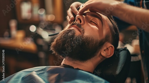 man at a barbershop salon doing haircut and beard trim 