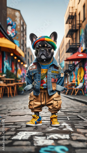 Fashion-Forward French Bulldog in Denim and Cargo on City Street
