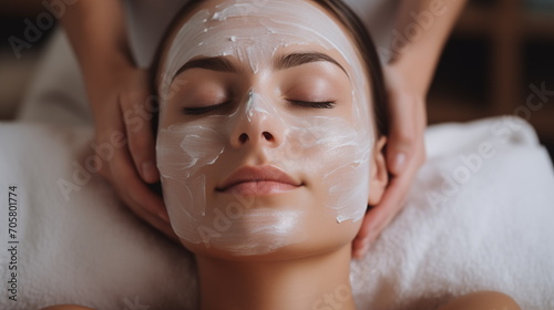 Facial skin care procedures in a beauty. Beauty treatment, scrup, applies mask, womanlays on the coach for beauty procedures,  Generated AI photo