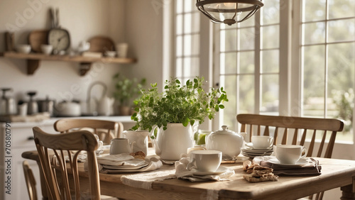 Photo the essence of a tranquil breakfast scene at farmhouse kitchen table it's a simple cup of coffee or a hearty breakfast spread