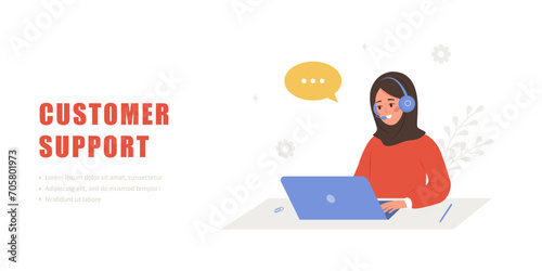 Customer support concept. Call center or hotline. Arabian woman with headphones and microphone with laptop. Operator advises clients. Vector illustration in flat cartoon style. © KeronnArt