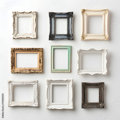 Nine different unique style picture frames on a white wall 
