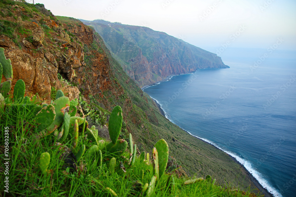 Obraz premium Sea cliffs at Ponta do Pargo on the western coast of Madeira island (Portugal) in the Atlantic Ocean
