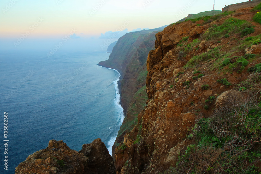 Sea cliffs at Ponta do Pargo on the western coast of Madeira island (Portugal) in the Atlantic Ocean