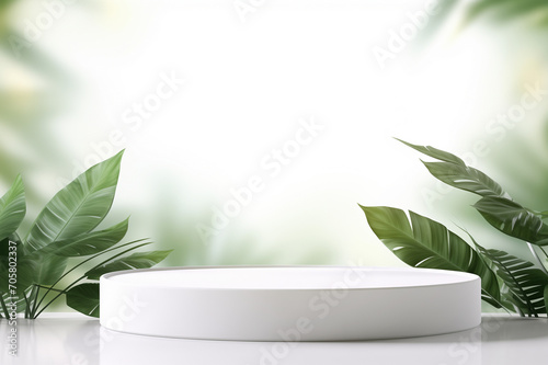 3D realistic minimal white cylinder product pedestal podium background with green leaves, studio light for product photo, wall scene mockup concept and banner advertising, beauty cosmetic promotion
