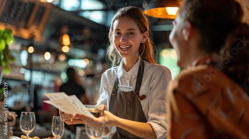 restaurant worker handing the order to a client d