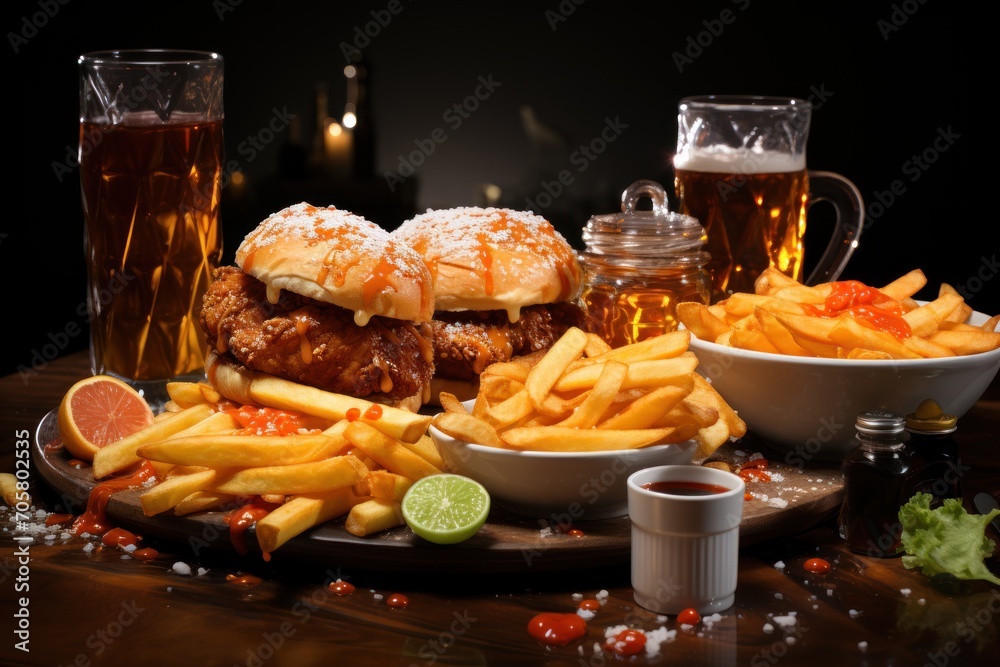  a table topped with a sandwich and french fries next to a bowl of fries and a bowl of ketchup and a glass of beer next to a bowl of chips.