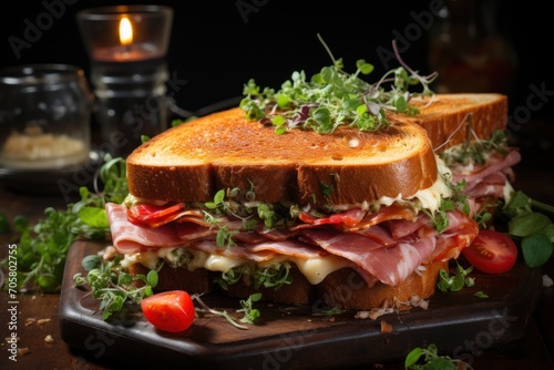  a toasted sandwich with ham, cheese, and lettuce on a cutting board next to a candle and a glass of wine on the side of the table.
