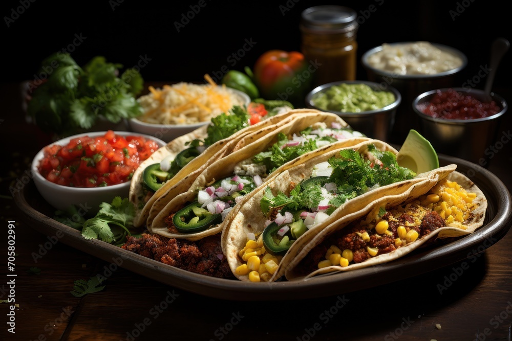  a platter filled with tacos, salsa, corn, lettuce, tomatoes, and other condiments and condiments on a wooden table.