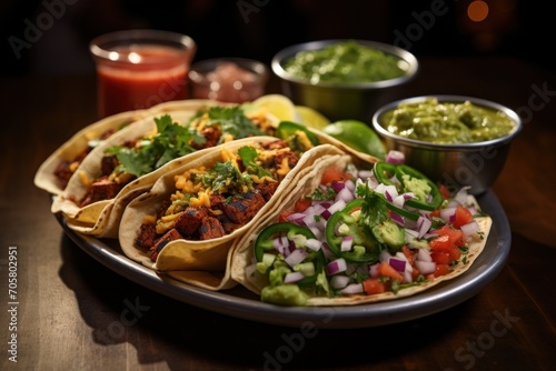  a plate full of tacos, salsa, guacamole, and limes on a table with a glass of salsa and a cup of guacamole in the background.