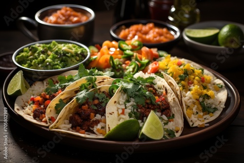  a plate full of tacos, rice, beans, and guacamole next to bowls of salsa, limes, limes, and other condiments.