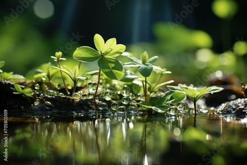  a group of small green plants growing out of a puddle of water in the middle of a lush green forest filled with leaves and moss growing on a sunny day.