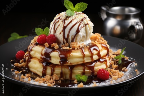  a black plate topped with bananas, raspberries, and a scoop of ice cream on top of a chocolate sauce drizzled with a scoop of ice cream.