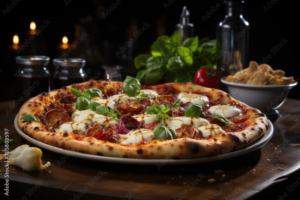 a pizza sitting on top of a white plate next to a bowl of chips and a glass of wine on a table next to a bowl of tortilla chips. a pizza sitting on top of a white plate next to a bowl of chips and a glass of wine on a table next to a bowl of tortilla chips.