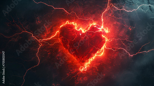 Background of a red heart with lightning bolt frame. Generative AI