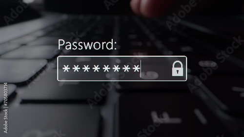 A user enter a password to website form box in internet browser by keyboard. Hacker hacking a personal banking account password on a computer screen. Typing password on login page. Entry pin code photo