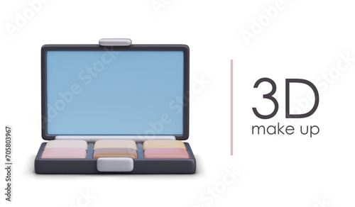 Front view on open case with different colors on eye shadow. Cosmetic for makeup concept. Skincare cosmetics product. Vector realistic illustration in 3d style