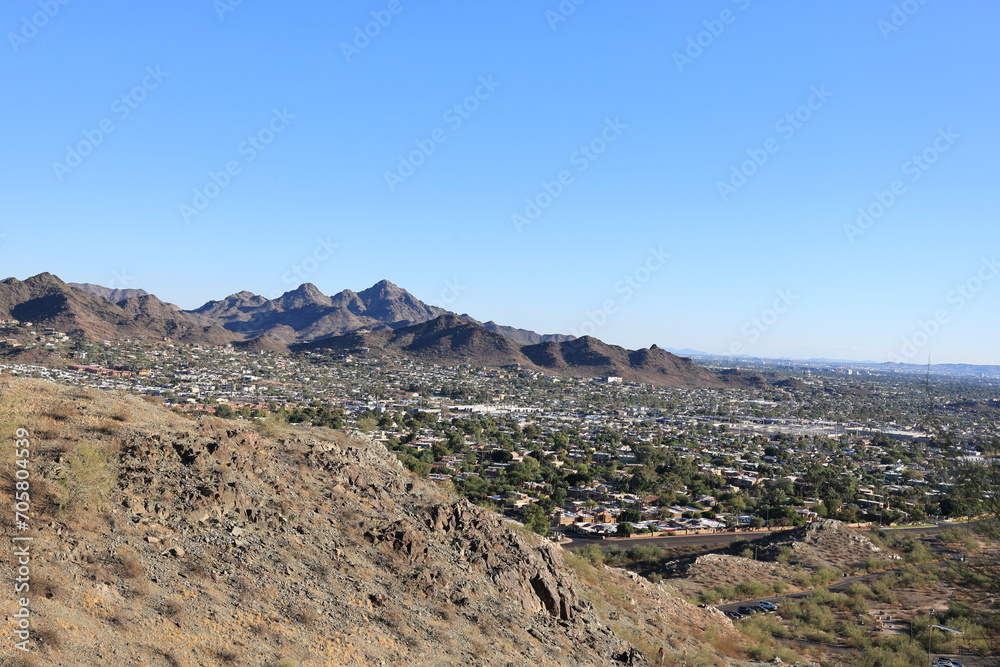 Aerial view of Valley of the Sun, Arizona capital city of Phoenix from North Mountain Park Hiking Trails in the Evening Aerial view of Valley of the Sun, Arizona capital city of Phoenix from North Mountain Park Hiking Trails in the Evening