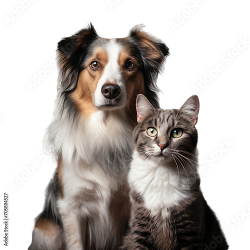 Australian shepherd puppy and a domestic cat isolated on white, transparent background © The Stock Guy