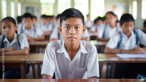 Diligent Student, Asian Boy in Class - A focused scene capturing a student engaged in learning. © pkproject