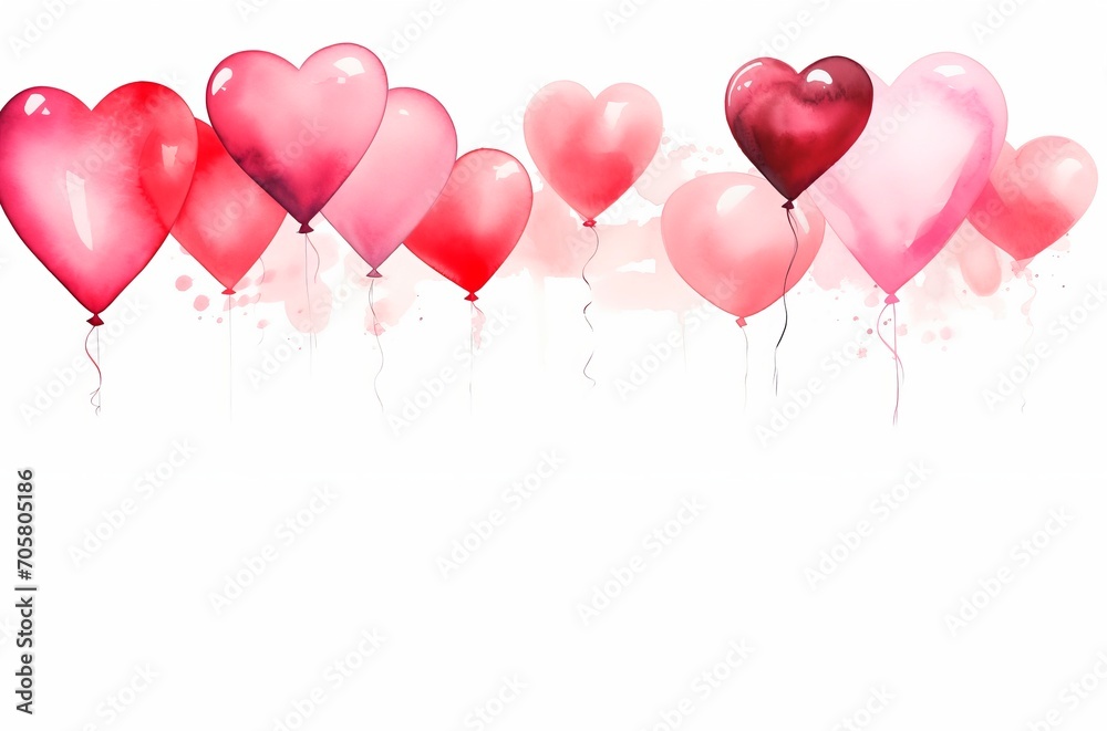 Valentine s red watercolor  balloons on white background. copy space for text. Valentines, wedding or birthday card and banner 