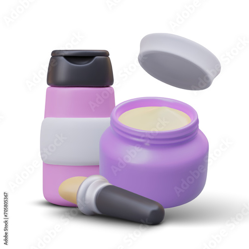 Composition with cosmetics for personal hygiene. Plastic bottle for shampoo, open jar with cream and brush. Vector illustration in 3d realistic style with shadow