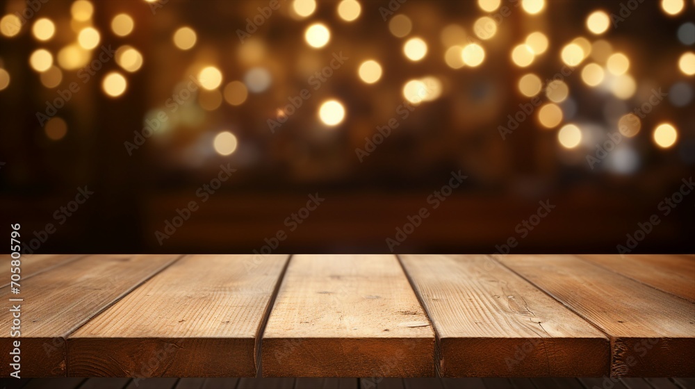 Vintage Wooden Table with Abstract Blurred Background, Creating a Rustic and Minimalist Design for Interior Spaces and Photography Composition.