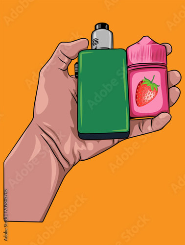 Hand Holding Green Electric Vape Dual Battery With Strawberry Milk Flavored Liquid .Electronic Cigarettes And Vape Mod. Stylish and Trendy Illustration for Vaporizer Enthusiasts. 