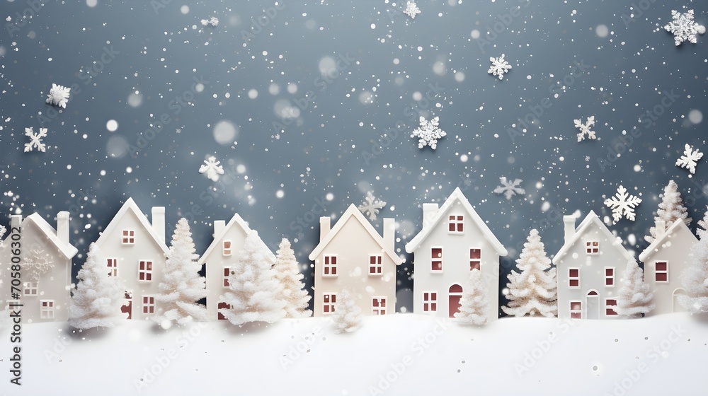 White miniature houses in row on bokeh blue blurry background, Christmas Holiday theme, snowing, bokeh lights landscape banner	
