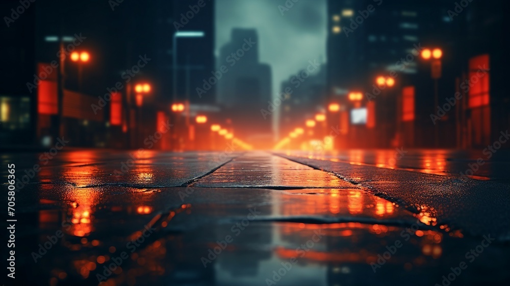 City Lights Dance on Wet Pavement: Urban Nightlife with Moody Atmosphere and Light Trails