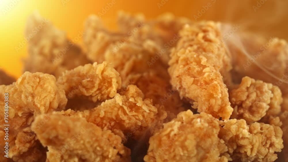 Slow Motion of Rotating Fried Chicken Pieces in detail on Colored Background. Fresh Crispy Chicken with smoke, Rotating on Turntable. Slow Motion of Rotating Fried Chicken Pieces in detail on Colored Background. Fresh Crispy Chicken with smoke, Rotating on Turntable.