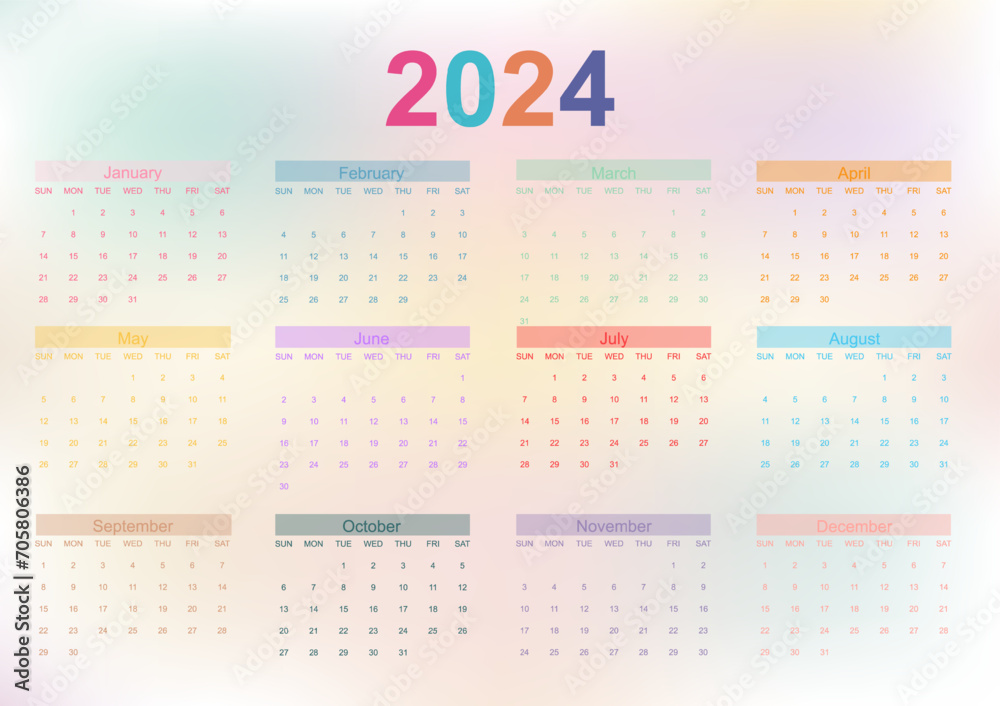 2024 Calendar template design. Week starts on Sunday pink office calendar for businesswomen. Desktop planner in simple clean style. English vector calendar layout.