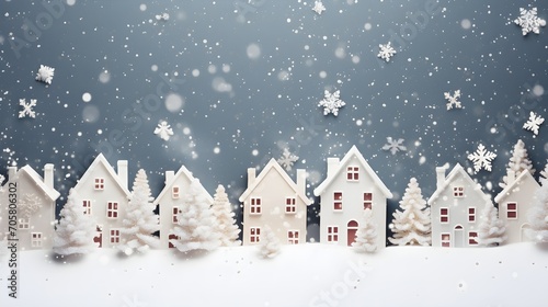 White miniature houses in row on bokeh blue blurry background, Christmas Holiday theme, snowing, bokeh lights landscape banner 