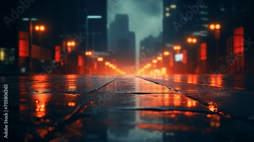 City Lights Dance on Wet Pavement  Urban Nightlife with Moody Atmosphere and Light Trails