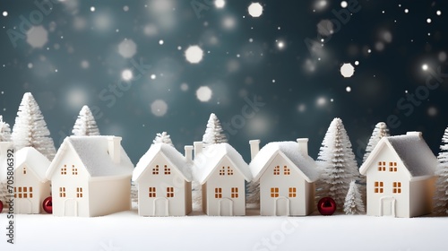 White miniature houses in row on bokeh dark blue blurry background, Christmas Holiday theme, snowing, bokeh lights landscape banner 