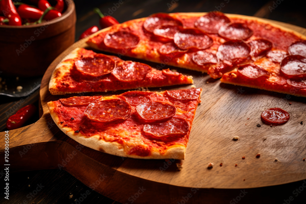 Slices of fragrant pepperoni pizza on rustic wooden table Slices of fragrant pepperoni pizza on rustic wooden table