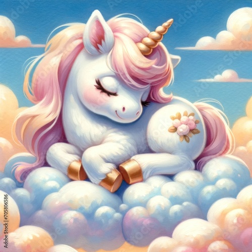 Adorable cartoon unicorn lying on clouds with a dreamy sky background.