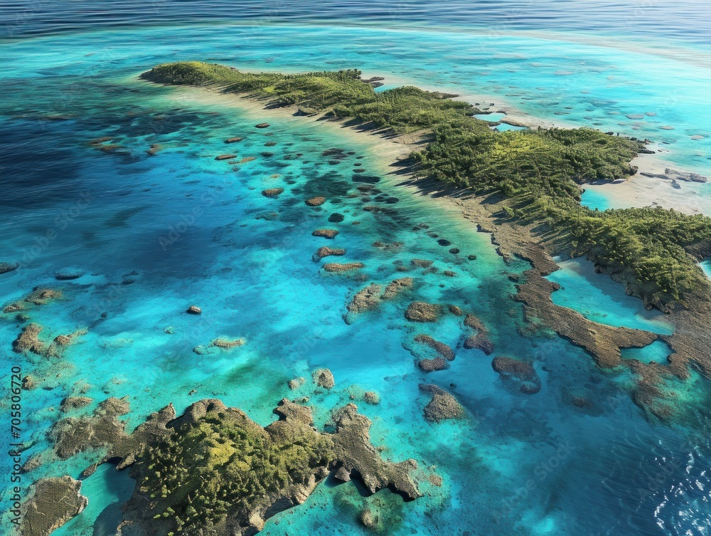 Fototapeta premium Idyllic tropical island surrounded by crystal-clear turquoise waters and lush greenery.