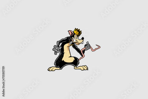 Ugly and Dirty king rat with crown Cartoon character vector logo template