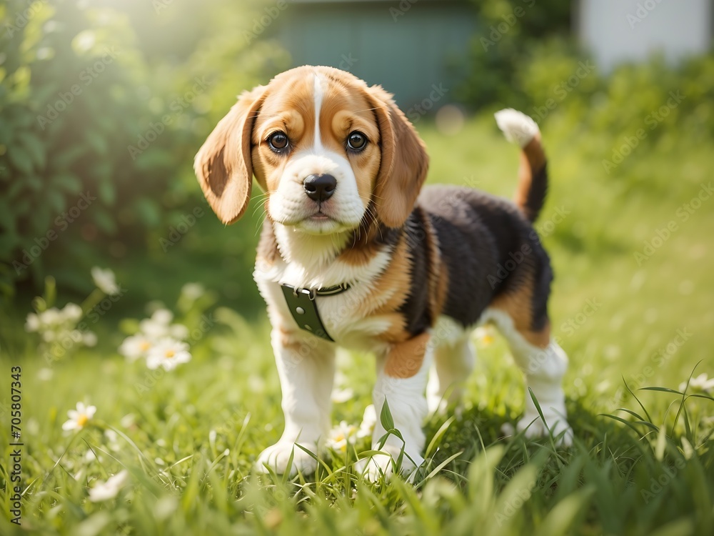 Free Photo beagle puppy old standing on green grass in summer