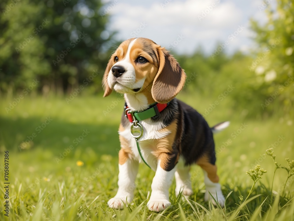 Free Photo beagle puppy old standing on green grass in summer