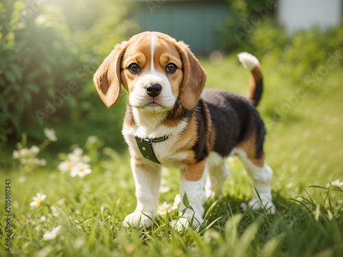 Free Photo beagle puppy old standing on green grass in summer