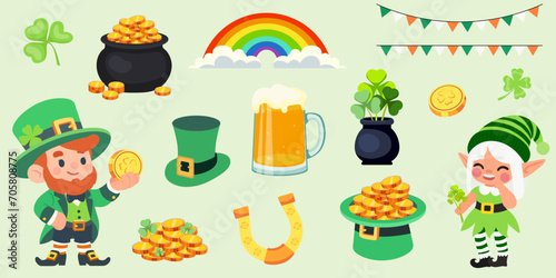 Set of traditions for St. Patrick Day. A set of vector illustrations, stickers for posters, invitations, postcards. Elf, leprekon, coin, gold, pot, horseshoe, rainbow, beer mug, triliary, chervonet photo