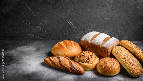 assortment of fresh baked bread on dark background white and rye bread buns with copy place